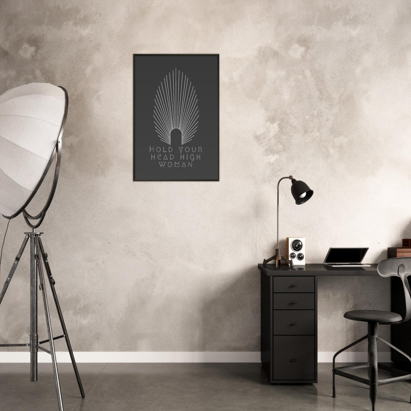 HEAD HIGH | METAL FRAMED Poster | Premium Quality | Matte | 200 GSM | Feminism | Art Déco | Save your precious time hunting down the right frame for your art work - with this one your art arrives at your home with the perfectly fitted quality frame! Wall art with black matt background in black metal frame with white pointy oval-shaped high crown and white lettering 'hold your head high woman'