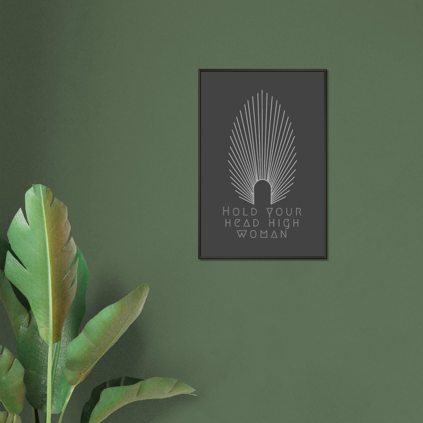 HEAD HIGH | METAL FRAMED Poster | Premium Quality | Matte | 200 GSM | Feminism | Art Déco | Save your precious time hunting down the right frame for your art work - with this one your art arrives at your home with the perfectly fitted quality frame! Wall art with black matt background in black metal frame with white pointy oval-shaped high crown and white lettering 'hold your head high woman'