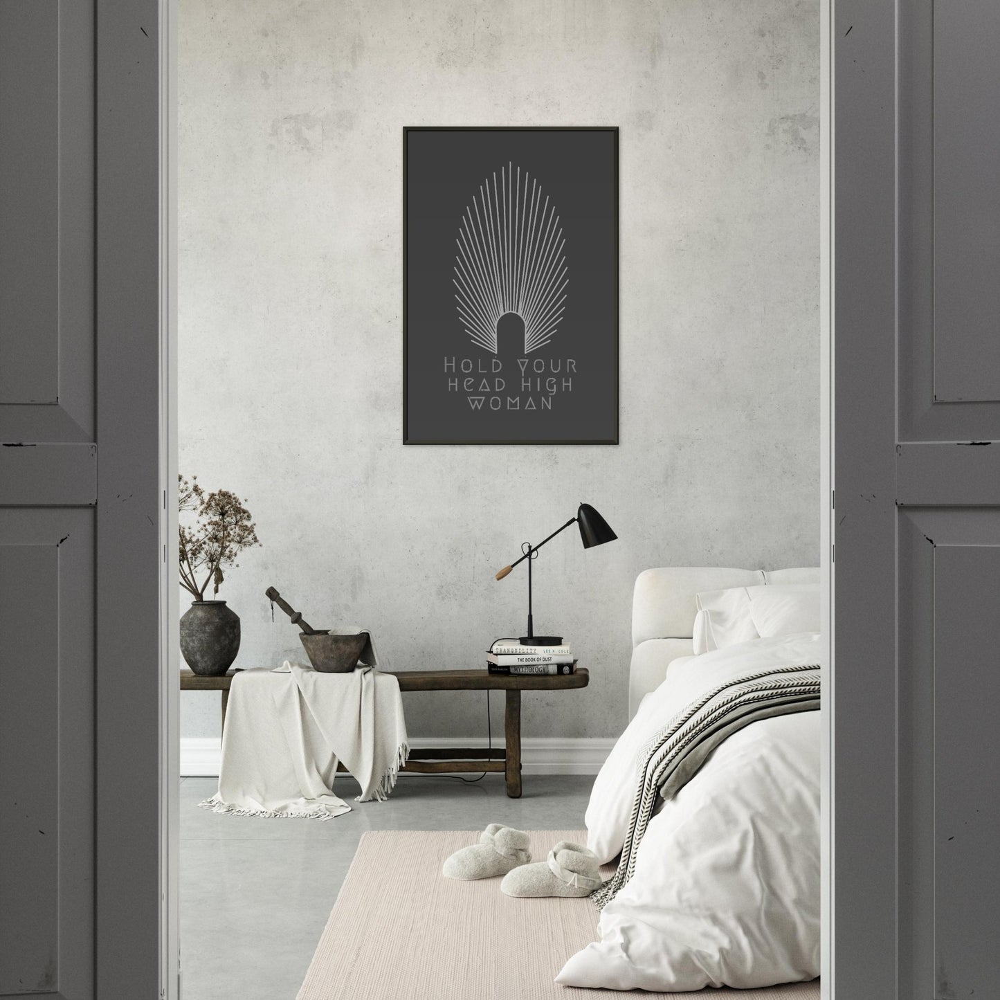 HEAD HIGH | METAL FRAMED Poster | Premium Quality | Matte | 200 GSM | Feminism | Art Déco | Save your precious time hunting down the right frame for your art work - with this one your art arrives at your home with the perfectly fitted quality frame! Wall art with black matt background in black metal frame with white pointy oval-shaped high crown and white lettering 'hold your head high woman'