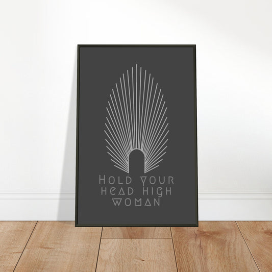 HEAD HIGH | METAL FRAMED Poster | Premium Quality | Matte | 200 GSM | Feminism | Art Déco | Save your precious time hunting down the right frame for your art work - with this one your art arrives at your home with the perfectly fitted quality frame! Wall art with black matt background in black metal frame with white pointy oval-shaped high crown and white lettering 'hold your head high woman'