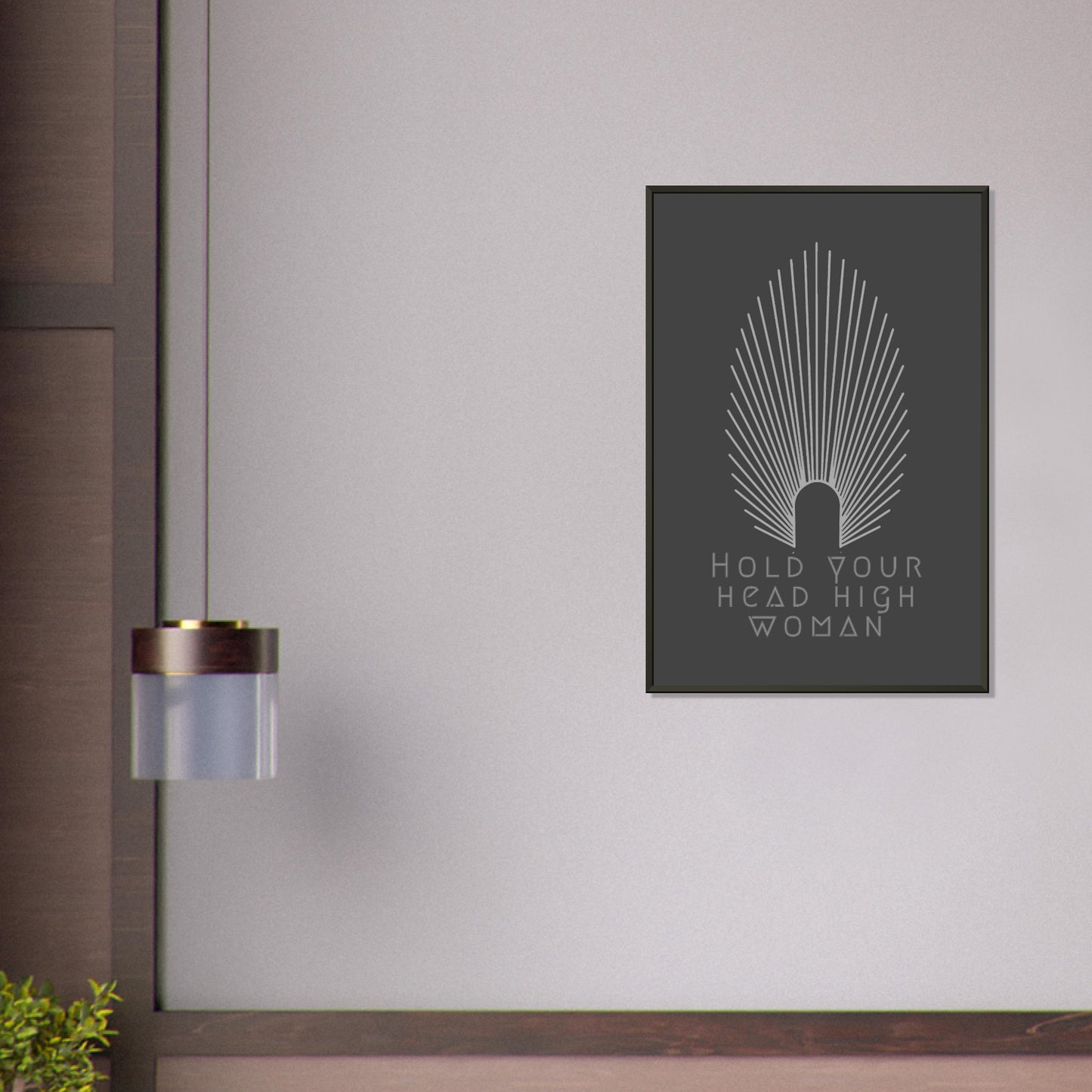 HEAD HIGH | METAL FRAMED Poster | Premium Quality | Matte | 200 GSM | Feminism | Art Déco | Save your precious time hunting down the right frame for your art work - with this one your art arrives at your home with the perfectly fitted quality frame! Wall art with black matt background in black metal frame with white pointy oval-shaped high crown and white lettering 'hold your head high woman'