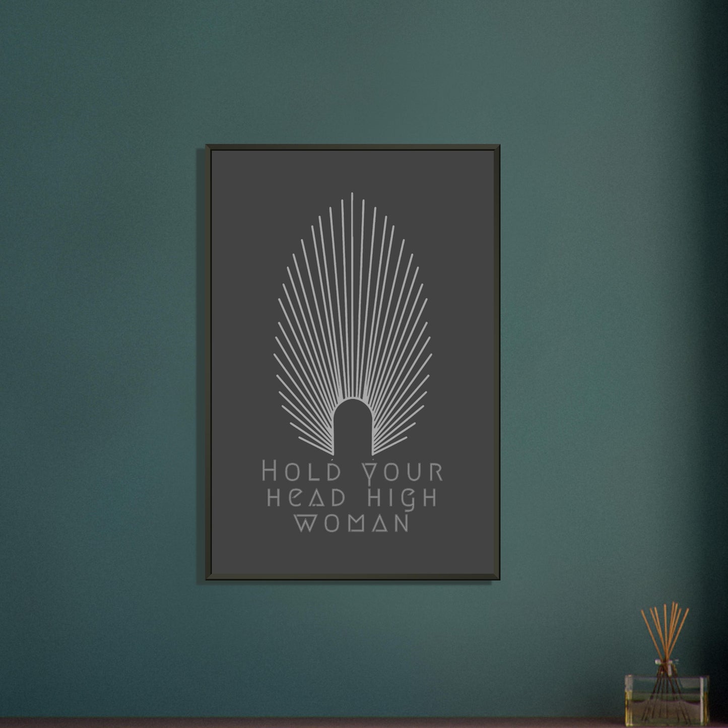 HEAD HIGH | METAL FRAMED Poster | Premium Quality | Matte | 200 GSM | Feminism | Art Déco | Save your precious time hunting down the right frame for your art work - with this one your art arrives at your home with the perfectly fitted quality frame! Wall art with black matt background in black metal frame with white pointy oval-shaped high crown and white lettering 'hold your head high woman'