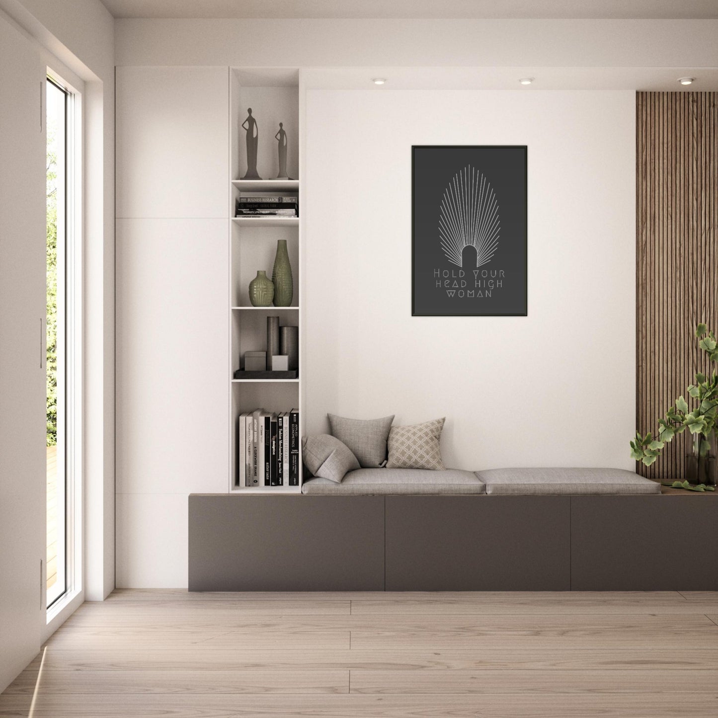 HEAD HIGH | METAL FRAMED Poster | Premium Quality | Matte | 200 GSM | Feminism | Art Déco | Save your precious time hunting down the right frame for your art work - with this one your art arrives at your home with the perfectly fitted quality frame! Wall art with black matt background in black metal frame with white pointy oval-shaped high crown and white lettering 'hold your head high woman'