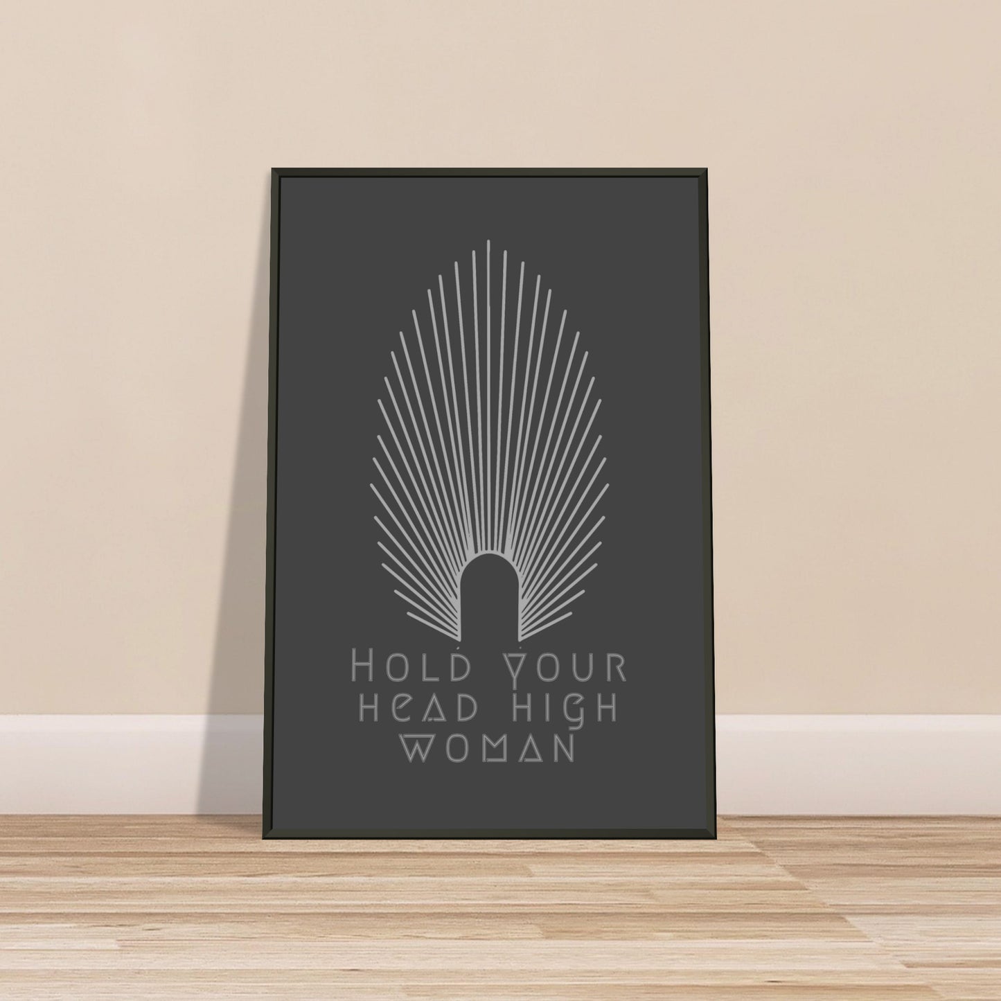 HEAD HIGH | METAL FRAMED Poster | Premium Quality | Matte | 200 GSM | Feminism | Art Déco | Save your precious time hunting down the right frame for your art work - with this one your art arrives at your home with the perfectly fitted quality frame! Wall art with black matt background in black metal frame with white pointy oval-shaped high crown and white lettering 'hold your head high woman'