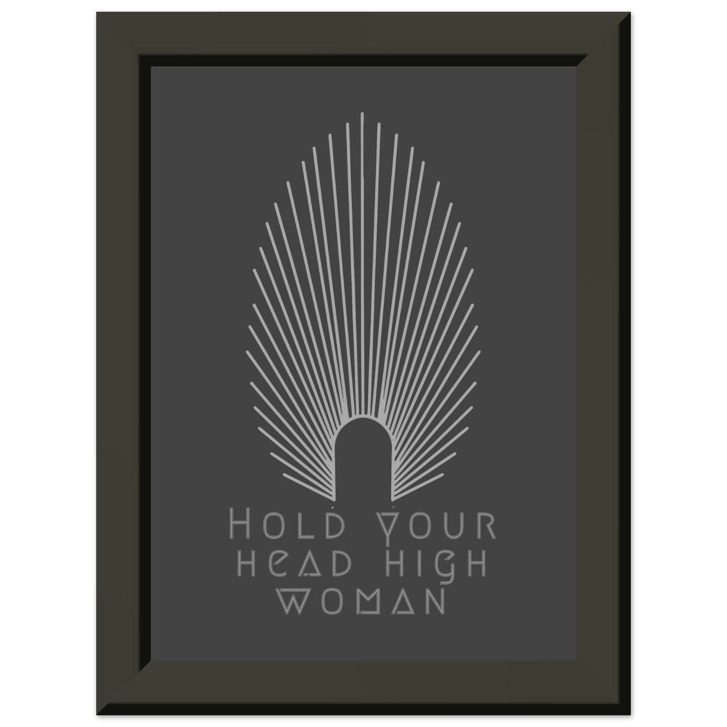 HEAD HIGH | METAL FRAMED Poster | Premium Quality | Matte | 200 GSM | Feminism | Art Déco | Save your precious time hunting down the right frame for your art work - with this one your art arrives at your home with the perfectly fitted quality frame! Wall art with black matt background in black metal frame with white pointy oval-shaped high crown and white lettering 'hold your head high woman'
