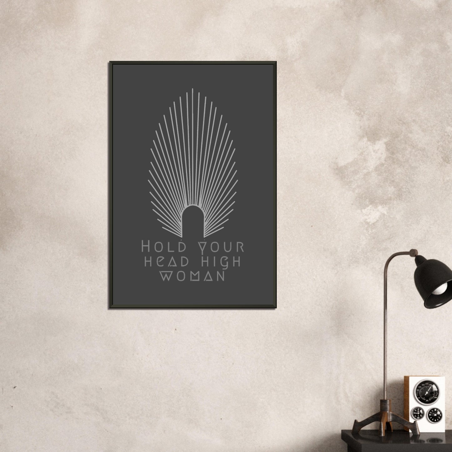 HEAD HIGH | METAL FRAMED Poster | Premium Quality | Matte | 200 GSM | Feminism | Art Déco | Save your precious time hunting down the right frame for your art work - with this one your art arrives at your home with the perfectly fitted quality frame! Wall art with black matt background in black metal frame with white pointy oval-shaped high crown and white lettering 'hold your head high woman'