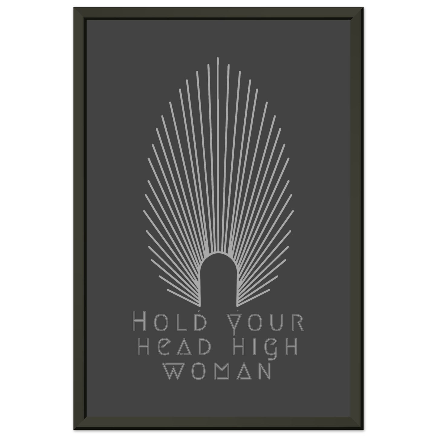 HEAD HIGH | METAL FRAMED Poster | Premium Quality | Matte | 200 GSM | Feminism | Art Déco | Save your precious time hunting down the right frame for your art work - with this one your art arrives at your home with the perfectly fitted quality frame! Wall art with black matt background in black metal frame with white pointy oval-shaped high crown and white lettering 'hold your head high woman'