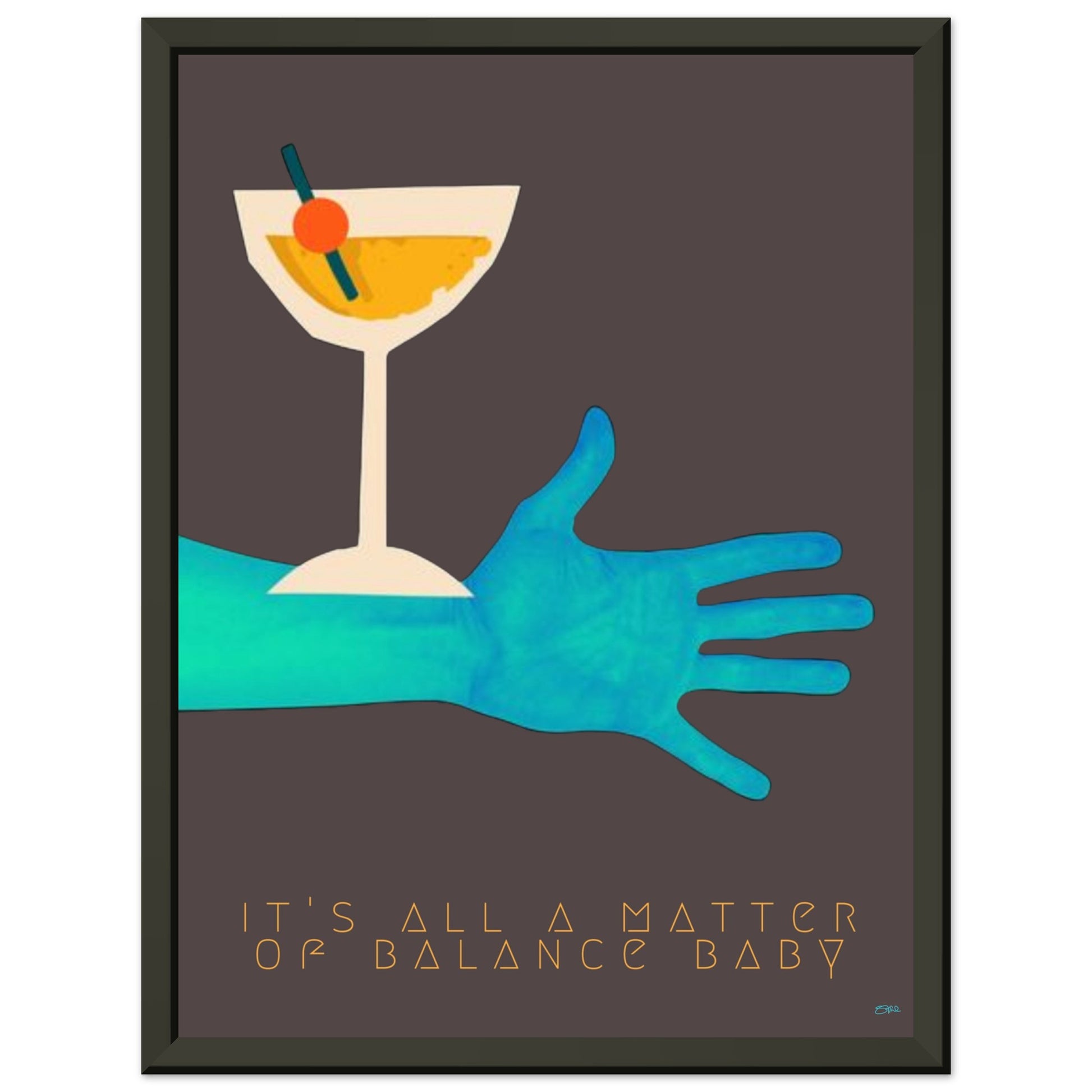 BALANCE BABY | METAL FRAMED Poster | Premium Quality | Matte | 200 GSM | Cocktail 90's | Save your precious time hunting down the right frame for your art work - with this one your art arrives at your home with the perfectly fitted quality frame! Brightly colored wall art Cocktail on blue arm